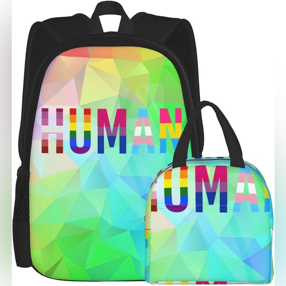 🏳️‍🌈 HUMAN rights Gay Pride Backpack with Insulated Lunch Bag NWOT - Picture 1 of 3